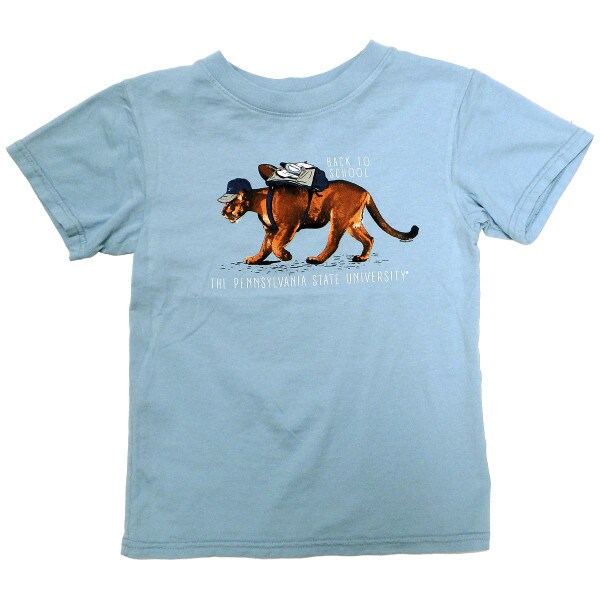 Carolina Blue youth short sleeve t-shirt with The Pennsylvania State University Back to School, Nittany lion wearing backpack and hat